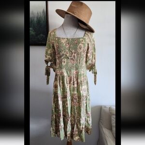 #137 Women's Agua Bendita Boho Green Floral Tiered Puff Sleeve Midi Dress Sz 2X
